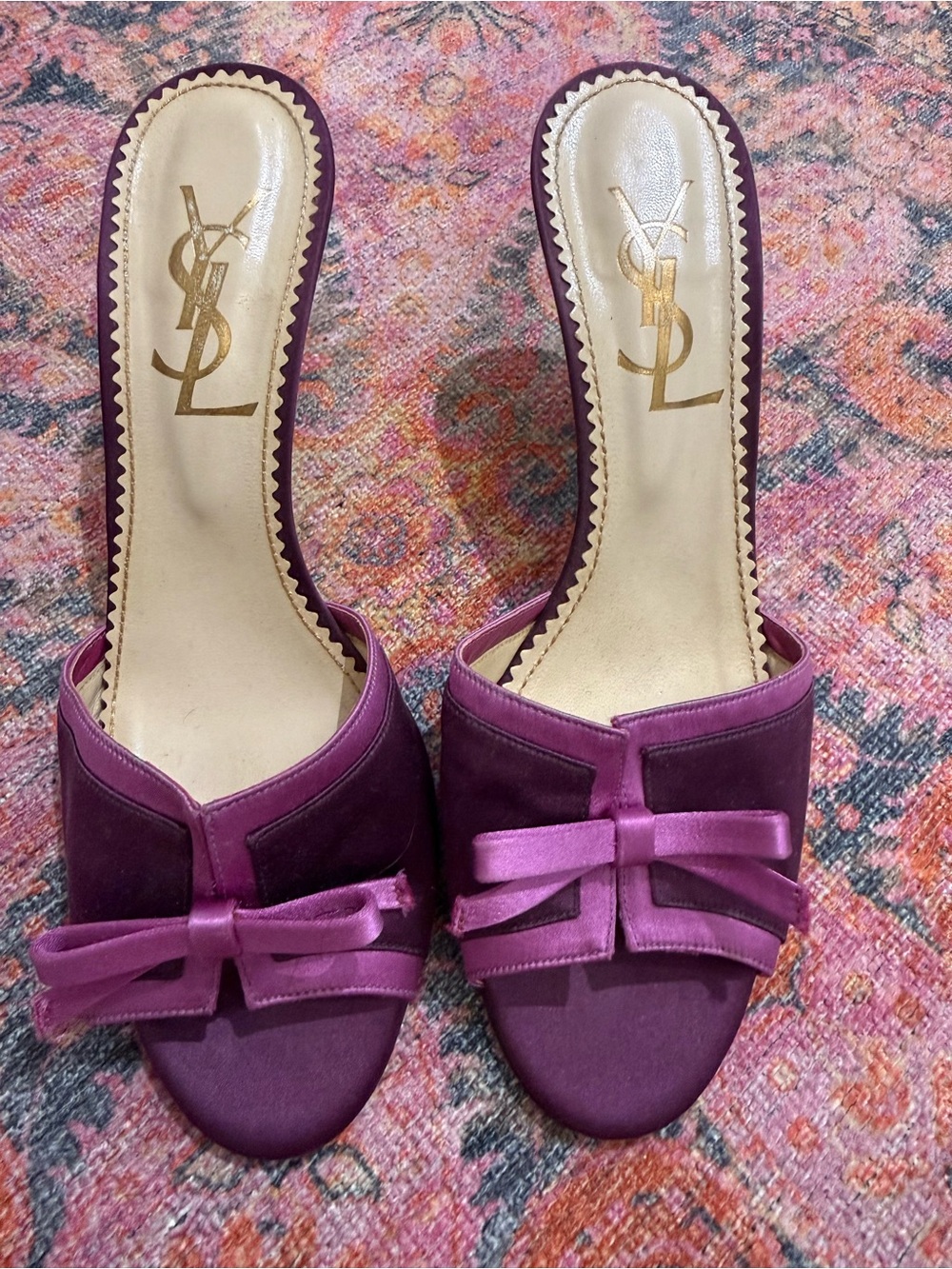 Saint Laurent Purple Satin Bow Slide Mules